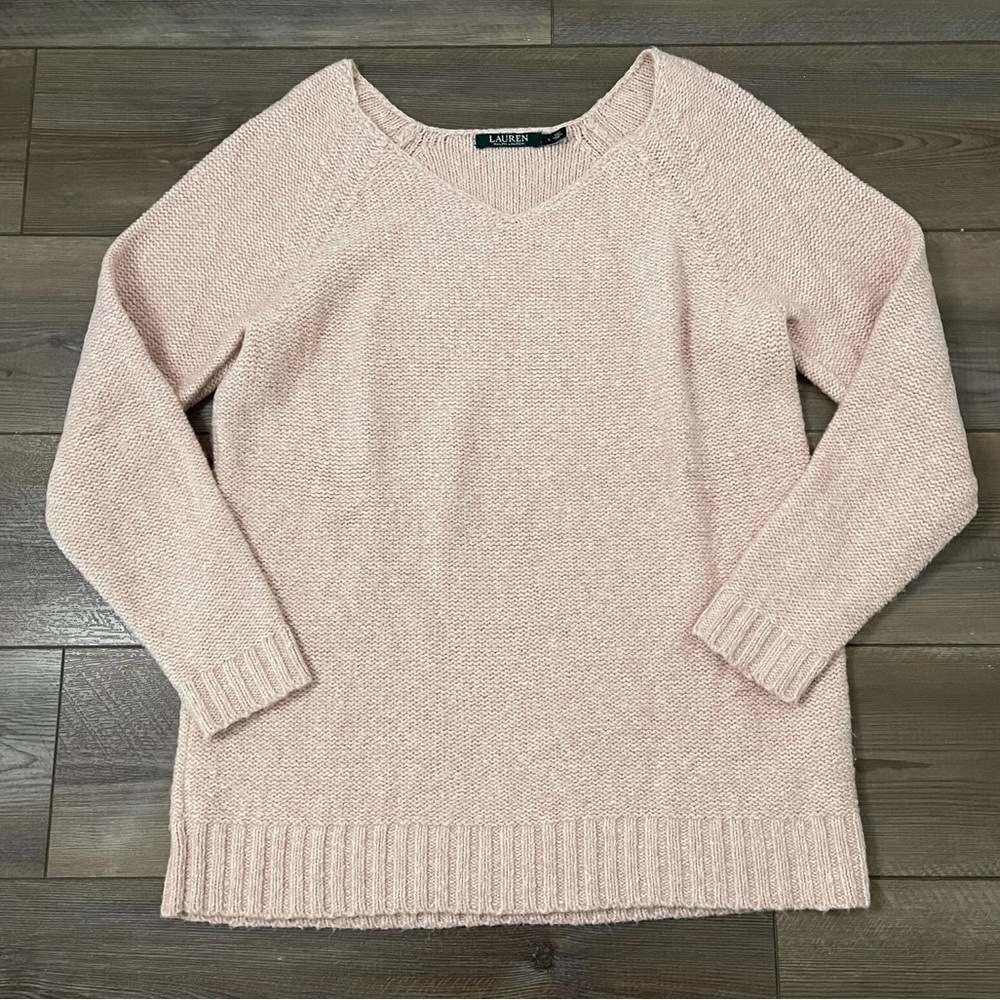 RALPH LAUREN ~ MARBLE PINK V-NECK KNIT SWEATER